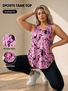 Easithlete Plus Size Summer Casual Curved Hem Allover Print Sports Tank Top - Baby Pink - View 1
