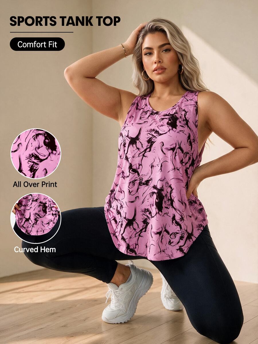 Easithlete Plus Size Summer Casual Curved Hem Allover Print Sports Tank Top - Baby Pink - View 1