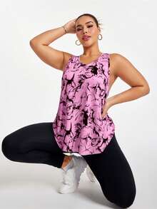 Easithlete Plus Size Summer Casual Curved Hem Allover Print Sports Tank Top - Baby Pink - View 3