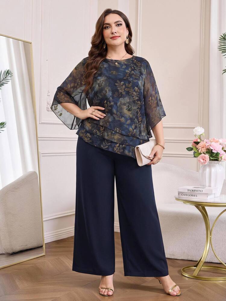 Reflora Plus Size Women's Round Neck Floral Print Top And Pants Casual Daily 2-Piece Set - Blue - View 10