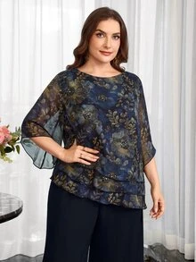 Reflora Plus Size Women's Round Neck Floral Print Top And Pants Casual Daily 2-Piece Set - Blue - View 5