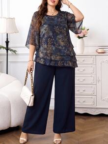 Reflora Plus Size Women's Round Neck Floral Print Top And Pants Casual Daily 2-Piece Set - Blue - View 10