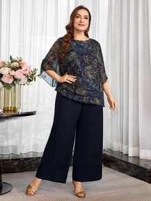 Reflora Plus Size Women's Round Neck Floral Print Top And Pants Casual Daily 2-Piece Set - Blue - View 4