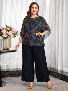 Reflora Plus Size Women's Round Neck Floral Print Top And Pants Casual Daily 2-Piece Set - Blue - View 6