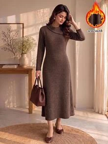 Rusticease Fall/Winter Asymmetric Neckline Dress Thanksgiving Formal Office Brown Autumn Casual Elegant Dress Formal Dress Country Dress New Year Dress - Brown - View 3