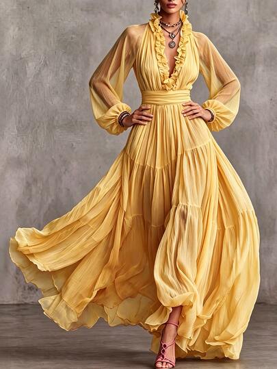 Balvessa Vestido largo de playa para vacaciones y boda de dama de honor, amarillo suave, con escote profundo en V, gasa transparente, falda completa con capas, cintura alta ceñida, mangas largas tipo farol con volantes y bolsillos