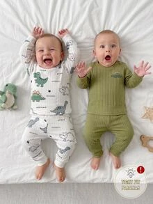 SHEIN Baby Boys Long Sleeve Top And Pants Set, Cute Dinosaur Element Design, Comfortable Soft Skin-Friendly Fabric, Suitable For Sleepwear - Multicolor - View 1
