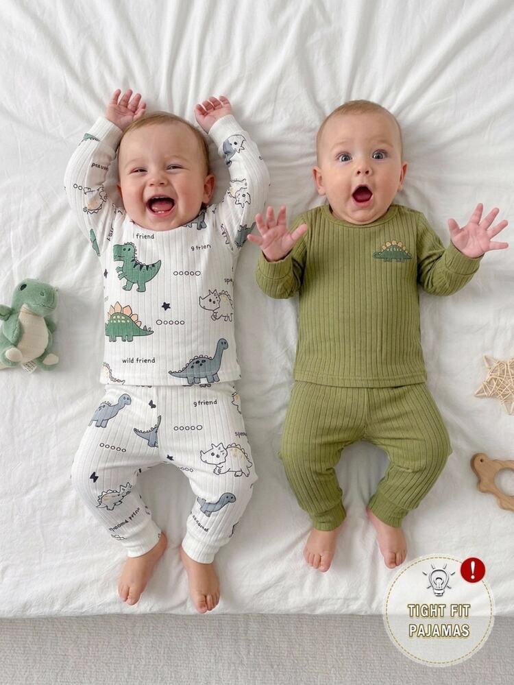 SHEIN Setelan Baju Bayi Laki-Laki Lengan Panjang dan Celana, Desain Elemen Dinosaurus Lucu, Kain Lembut dan Nyaman yang Ramah Kulit, Cocok untuk Pakaian Tidur - MultiWarna - View 1