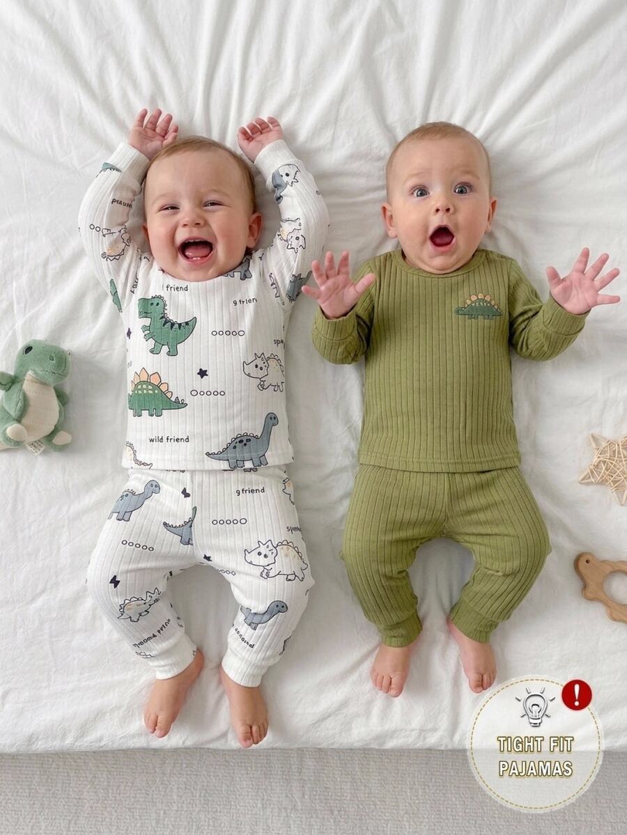 SHEIN Baby Boys Long Sleeve Top And Pants Set, Cute Dinosaur Element Design, Comfortable Soft Skin-Friendly Fabric, Suitable For Sleepwear - Multicolor - View 1