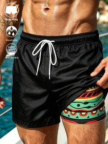 Manfinity Swimmode Summer Men's Geometric Print 2 In 1 Drawstring Waist Casual Beach Shorts Holiday / Vacation / Beach / Hawaii / Tropical / Swim /  Bathing - Black - View 5