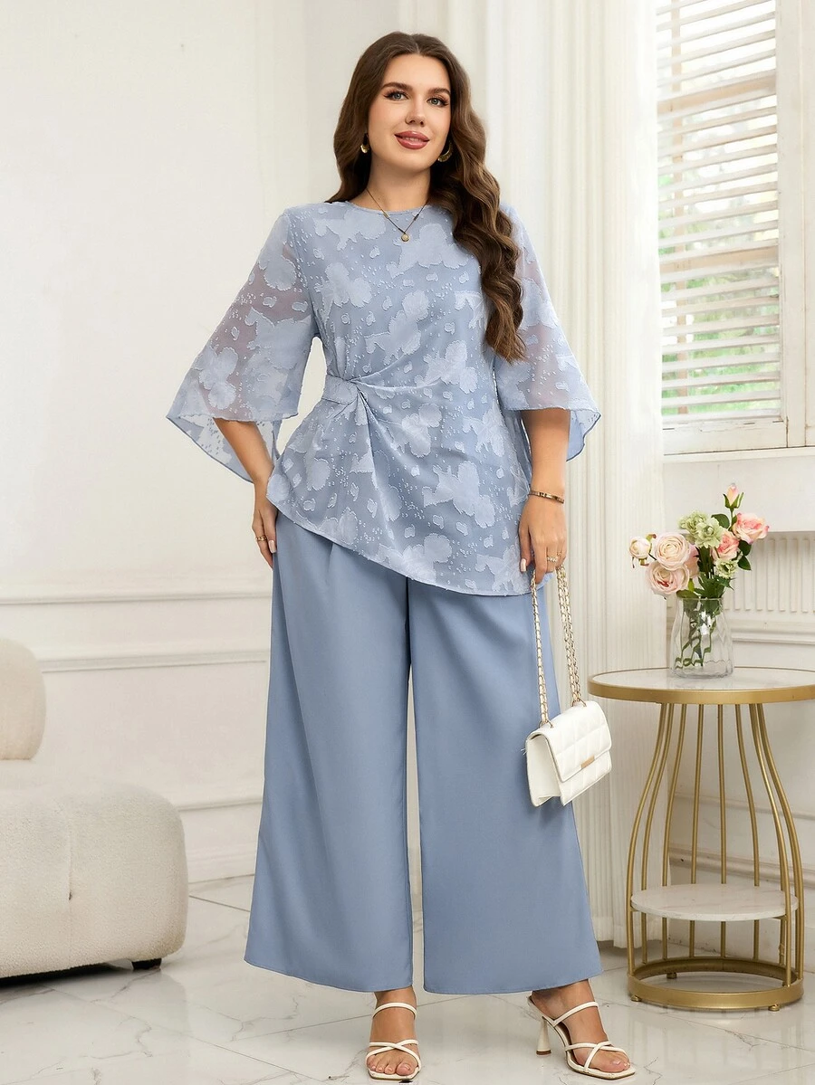 Reflora Plus Size Women Elegant Celestial Light Blue Autumn 2 Pieces Sets Asymmetrical Hem Top Wide Leg Pants Wedding Evening Formal Party Navy Blue