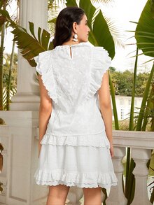 VOLUPTÉ CURVE Plus Size Women's Spring/Summer White 2-Piece Set Embroidered Stand Collar Ruffle Top & A-Line Mid Length Skirt, Casual Business Vacation Outfit - White - View 8