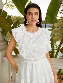 VOLUPTÉ CURVE Plus Size Women's Spring/Summer White 2-Piece Set Embroidered Stand Collar Ruffle Top & A-Line Mid Length Skirt, Casual Business Vacation Outfit - White - View 7