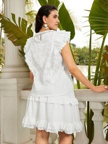 VOLUPTÉ CURVE Plus Size Women's Spring/Summer White 2-Piece Set Embroidered Stand Collar Ruffle Top & A-Line Mid Length Skirt, Casual Business Vacation Outfit - White - View 3
