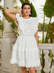 VOLUPTÉ CURVE Plus Size Women's Spring/Summer White 2-Piece Set Embroidered Stand Collar Ruffle Top & A-Line Mid Length Skirt, Casual Business Vacation Outfit - White - View 6
