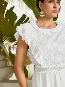 VOLUPTÉ CURVE Plus Size Women's Spring/Summer White 2-Piece Set Embroidered Stand Collar Ruffle Top & A-Line Mid Length Skirt, Casual Business Vacation Outfit - White - View 5