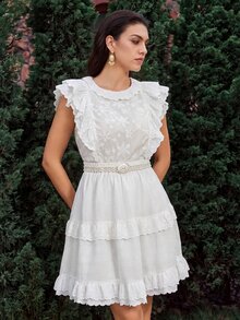 VOLUPTÉ CURVE Plus Size Women's Spring/Summer White 2-Piece Set Embroidered Stand Collar Ruffle Top & A-Line Mid Length Skirt, Casual Business Vacation Outfit - White - View 2