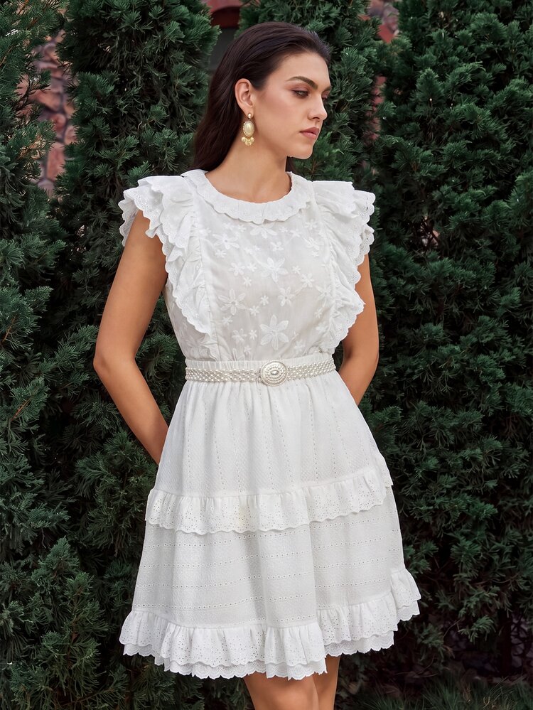 VOLUPTÉ CURVE Plus Size Women's Spring/Summer White 2-Piece Set Embroidered Stand Collar Ruffle Top & A-Line Mid Length Skirt, Casual Business Vacation Outfit - White - View 1