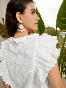 VOLUPTÉ CURVE Plus Size Women's Spring/Summer White 2-Piece Set Embroidered Stand Collar Ruffle Top & A-Line Mid Length Skirt, Casual Business Vacation Outfit - White - View 10