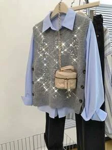 SHEIN LUNE Plus Size Women Solid Color Patchwork Sequin Side Button Design Knit Vest Vacation Formal Grey Autumn Casual Traditional - Light Grey - View 7