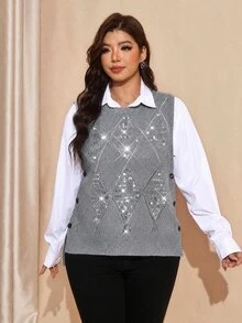 SHEIN LUNE Plus Size Women Solid Color Patchwork Sequin Side Button Design Knit Vest Vacation Formal Grey Autumn Casual Traditional - Light Grey - View 4