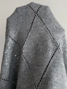 SHEIN LUNE Plus Size Women Solid Color Patchwork Sequin Side Button Design Knit Vest Vacation Formal Grey Autumn Casual Traditional - Light Grey - View 11