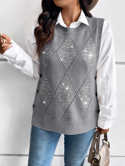 SHEIN LUNE Stickad väst för kvinnor i plus size, enfärgad med patchwork, paljetter och sidoknappar, grå, för semester, formellt, höst, casual, elegant, traditionell, vinter