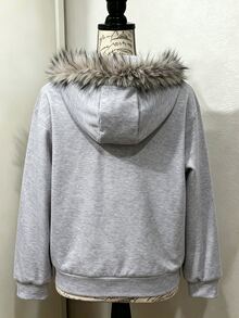 SHEIN Tween Girl Street Style Wing Print Zipper Hooded Sweatshirt, Fall, Casual Fur Trim Hooded Sweatshirt, Holiday - Grey - View 3
