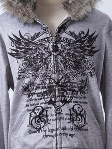 SHEIN Tween Girl Street Style Wing Print Zipper Hooded Sweatshirt, Fall, Casual Fur Trim Hooded Sweatshirt, Holiday - Grey - View 4