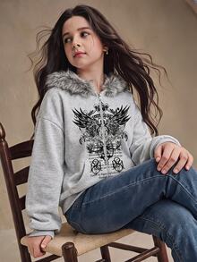 SHEIN Tween Girl Street Style Wing Print Zipper Hooded Sweatshirt, Fall, Casual Fur Trim Hooded Sweatshirt, Holiday - Grey - View 1