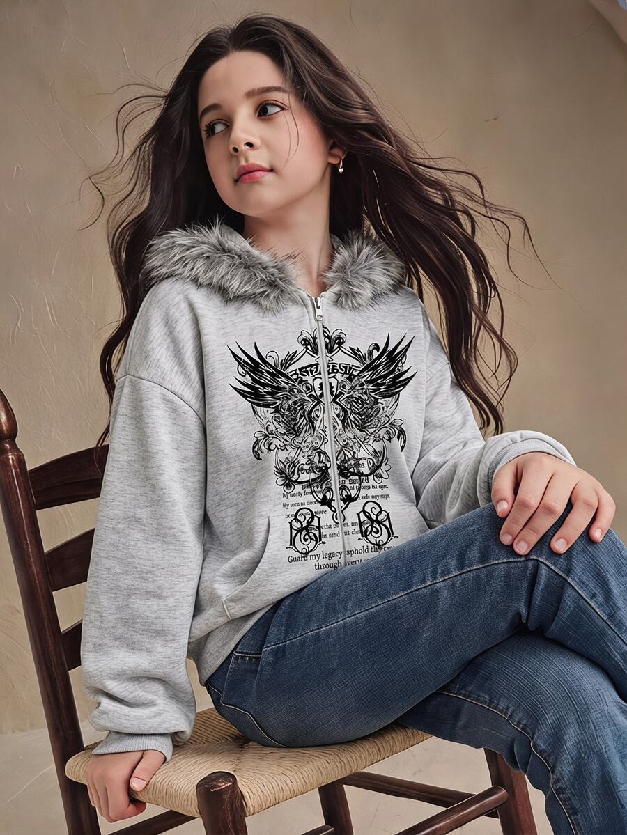 SHEIN Tween Girl Street Style Wing Print Zipper Hooded Sweatshirt, Fall, Casual Fur Trim Hooded Sweatshirt, Holiday - Grey - View 1
