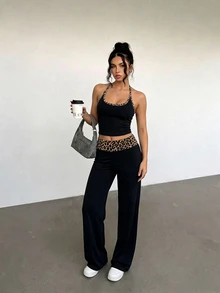 Aloruh Women's Early Autumn Sexy Casual Colorblock Trim Leopard Print Tank Top + Long Pants, Y2K Leopard Print 2 Pieces Set - Black - View 7