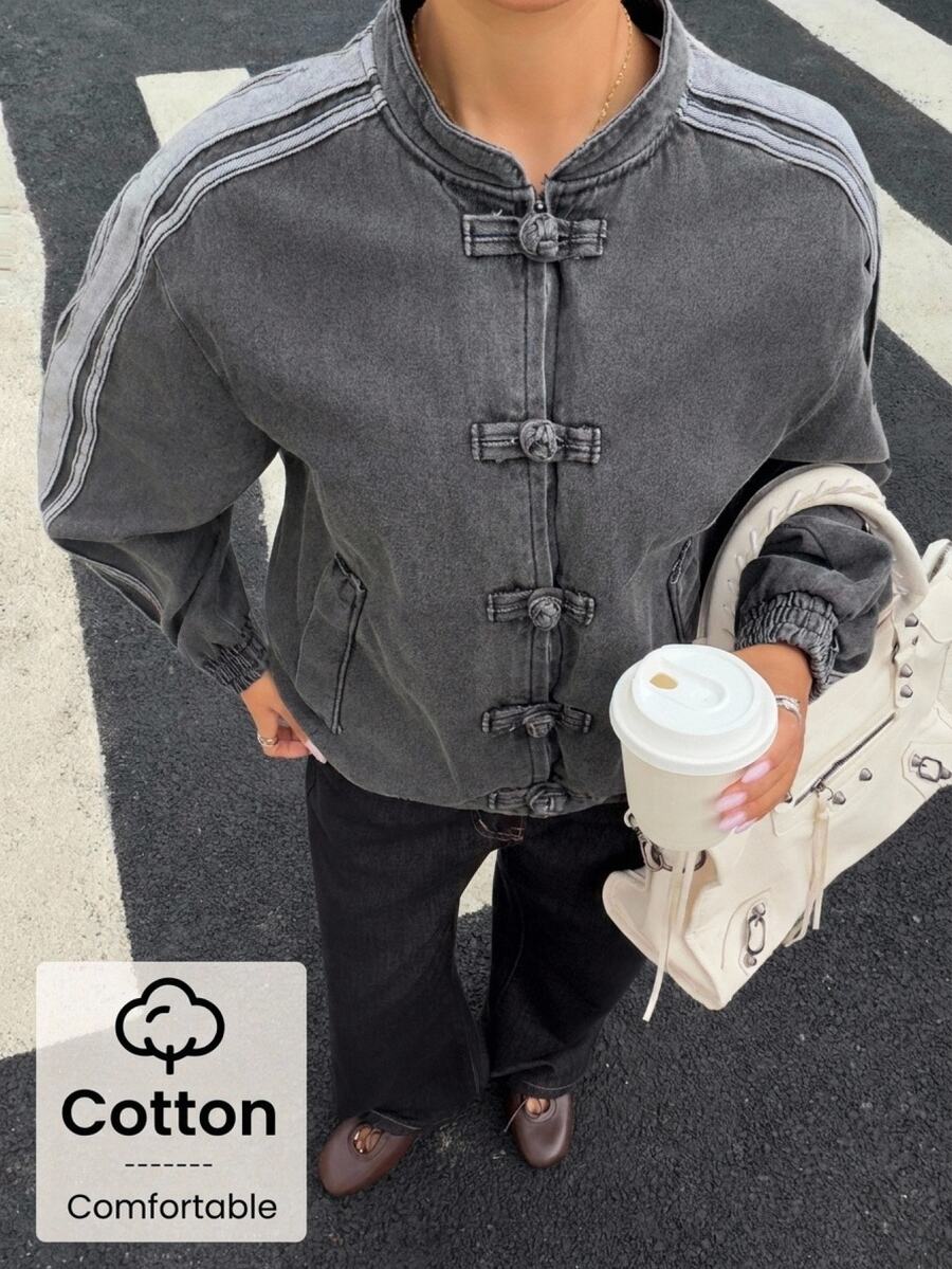 Muchica Women's Casual Denim Jacket With Side Stripes And Frog Button Placket Casual Street Cotton Button Gothic Autumn/Winter - Black - View 1