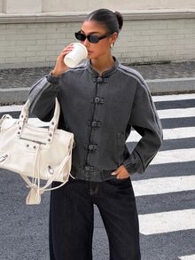 Muchica Women's Casual Denim Jacket With Side Stripes And Frog Button Placket Casual Street Cotton Button Gothic Autumn/Winter - Black - View 6