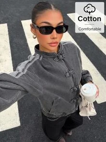 Muchica Women's Casual Denim Jacket With Side Stripes And Frog Button Placket Casual Street Cotton Button Gothic Autumn/Winter - Black - View 4