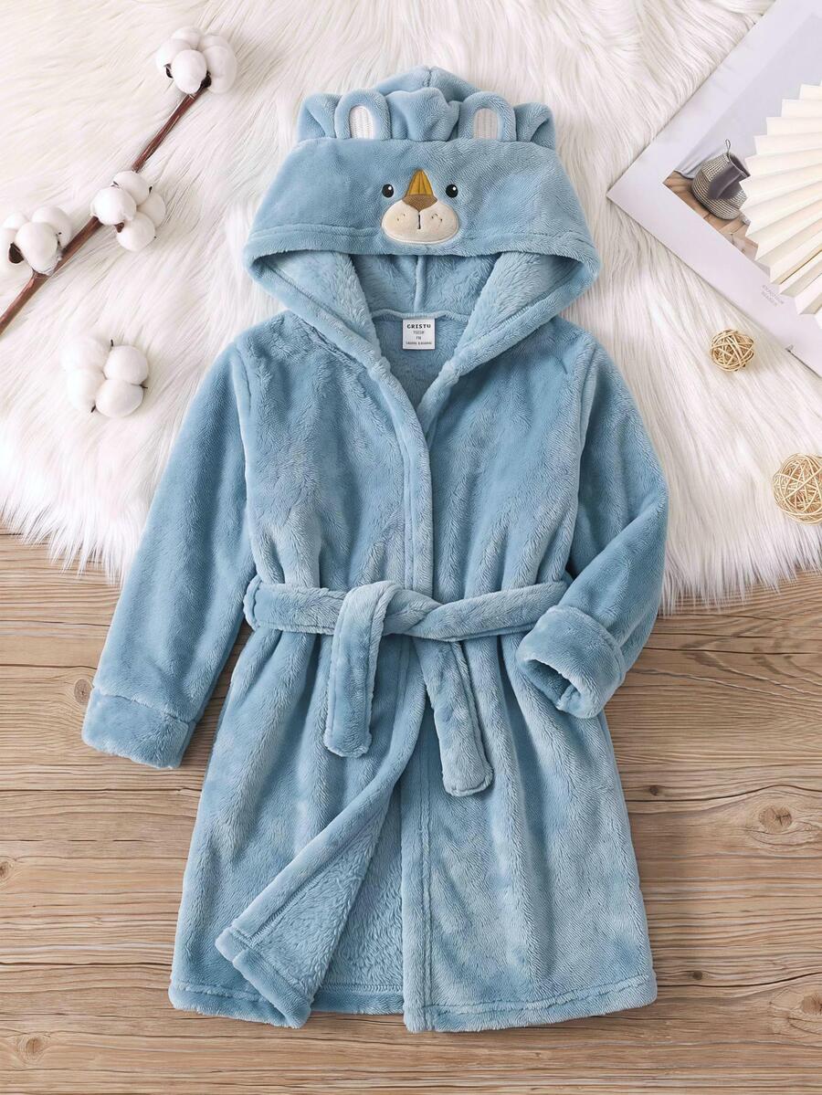SHEIN بيجامة للأولاد بنمط أسد كرتوني وتصميم كتل لونية مع بطانية رأس وأكمام طويلة ورباط، خريف/شتاء - أزرق فاتح اللون - مشاهدة 1