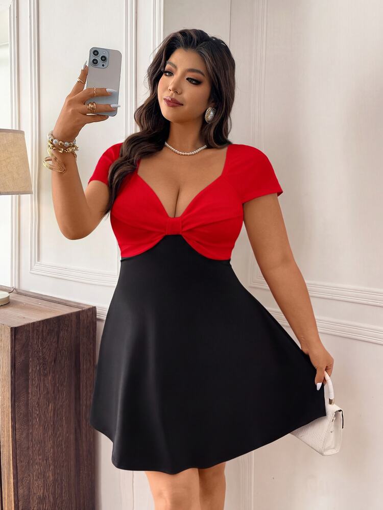 Femmeverse Plus Size Women Pleated Patchwork Casual Party Dress - Red - View 5