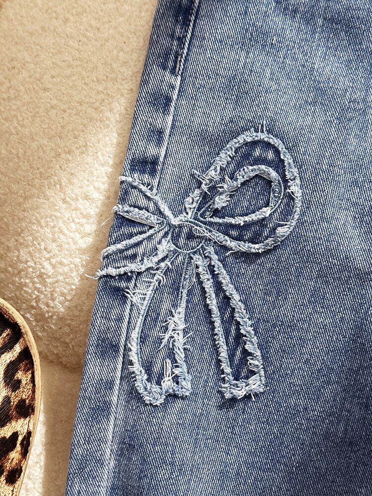 SHEIN Girls' Cowgirl Bow Jacquard Pocket Loose Straight Leg Washed Denim Jeans, Soft Cotton Material, Holiday, Festival, Baby Blue Summer Western - Blue - View 6