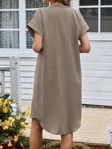 Miaspire Women's Casual Modest Mid-Length Shirt Dress In Faux Denim Effect, Autumn Vacation Shades Of Brown Vacation Vacation - Khaki - View 2