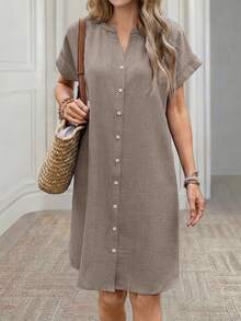 Miaspire Women's Casual Modest Mid-Length Shirt Dress In Faux Denim Effect, Autumn Vacation Shades Of Brown Vacation Vacation - Khaki - View 6