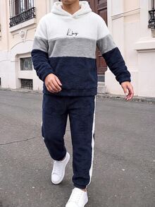 SHEIN 2件組兒童青少年男孩休閒抓絨布拼接衛衣與運動褲套裝，適合秋冬、家庭聚會、返校、運動、玩耍、生日派對、度假、節日 - 藏蓝色 - 查看 4