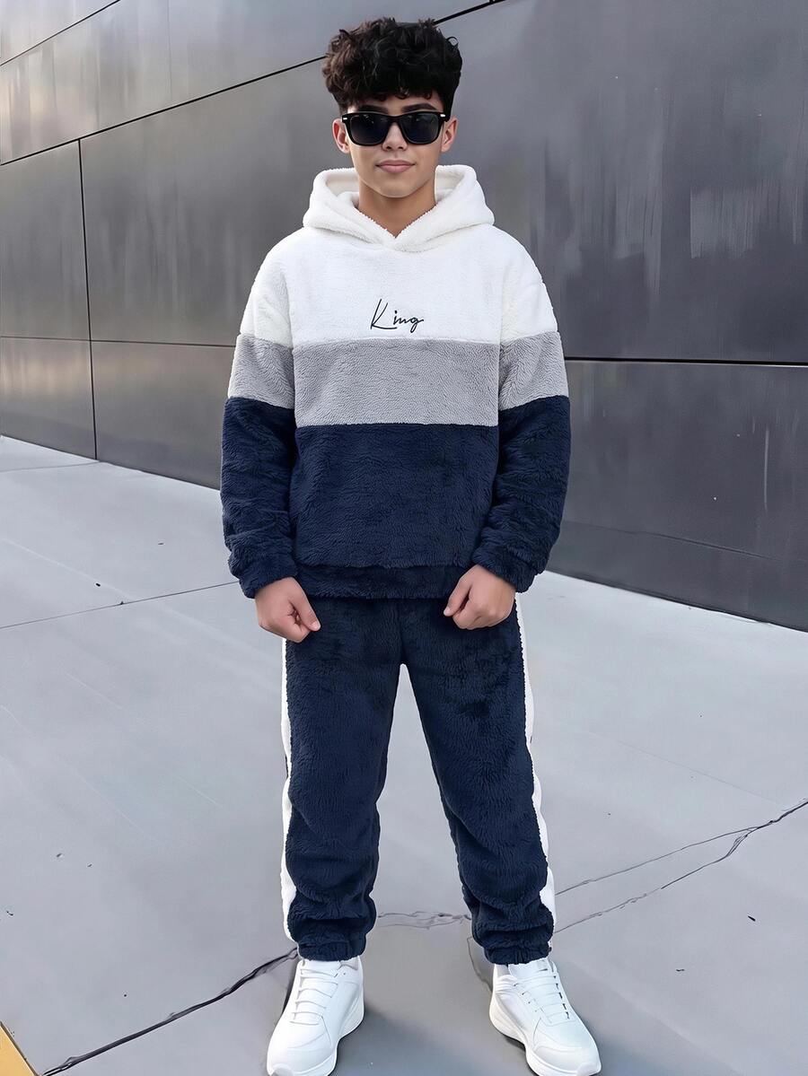 SHEIN 2件組兒童青少年男孩休閒抓絨布拼接衛衣與運動褲套裝,適合秋冬、家庭聚會、返校、運動、玩耍、生日派對、度假、節日 - 藏蓝色 - 查看 1