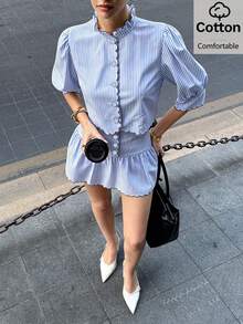 Siren Gaze Setelan 2 Potong Wanita: Kemeja Kancing Depan Bergaris Warna Blok dan Rok Mini Berumbai - Blue and White - View 10