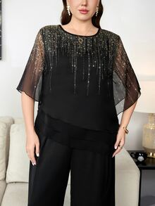 Reflora Plus Size Women's Round Neck Top And Wide Leg Pants Casual Elegant Daily 2 Pieces Set Wedding Formal Cocktail Date Night Black And Gold Black Summer - Black - View 4