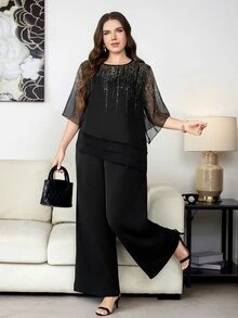 Reflora Plus Size Women's Round Neck Top And Wide Leg Pants Casual Elegant Daily 2 Pieces Set Wedding Formal Cocktail Date Night Black And Gold Black Summer - Black - View 8