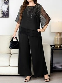 Reflora Plus Size Women's Round Neck Top And Wide Leg Pants Casual Elegant Daily 2 Pieces Set Wedding Formal Cocktail Date Night Black And Gold Black Summer - Black - View 6