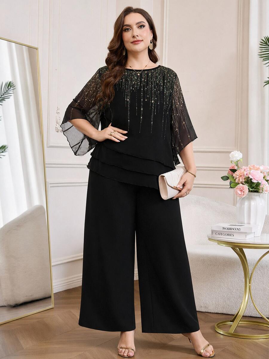 Reflora Plus Size Women's Round Neck Top And Wide Leg Pants Casual Elegant Daily 2 Pieces Set Wedding Formal Cocktail Date Night Black And Gold Black Summer