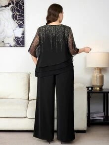 Reflora Plus Size Women's Round Neck Top And Wide Leg Pants Casual Elegant Daily 2 Pieces Set Wedding Formal Cocktail Date Night Black And Gold Black Summer - Black - View 3