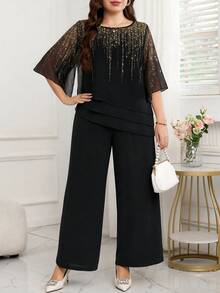 Reflora Plus Size Women's Round Neck Top And Wide Leg Pants Casual Elegant Daily 2 Pieces Set Wedding Formal Cocktail Date Night Black And Gold Black Summer - Black - View 2
