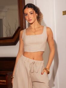 juhmazzocco New Spring/Summer Vacation Casual Fishbone Strap Top & Wide Leg Pants With Pockets 2 Pieces Set, Textured Fabric Material - B - Khaki - View 4